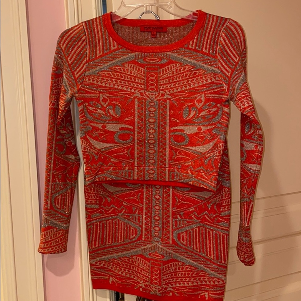 Long sleeve orange shimmer top with Skirt set